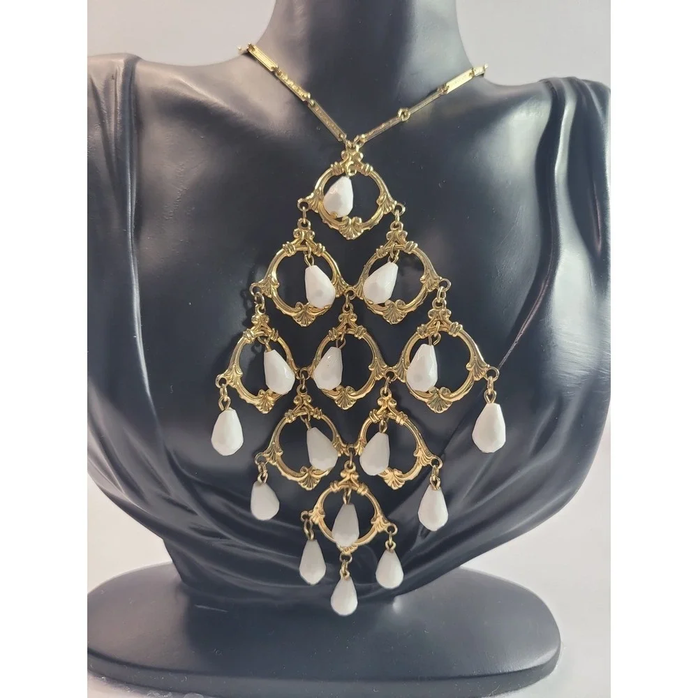 Gold Tone Chandelier Bib Necklace White Faceted Teardrop Beads Statement Necklac